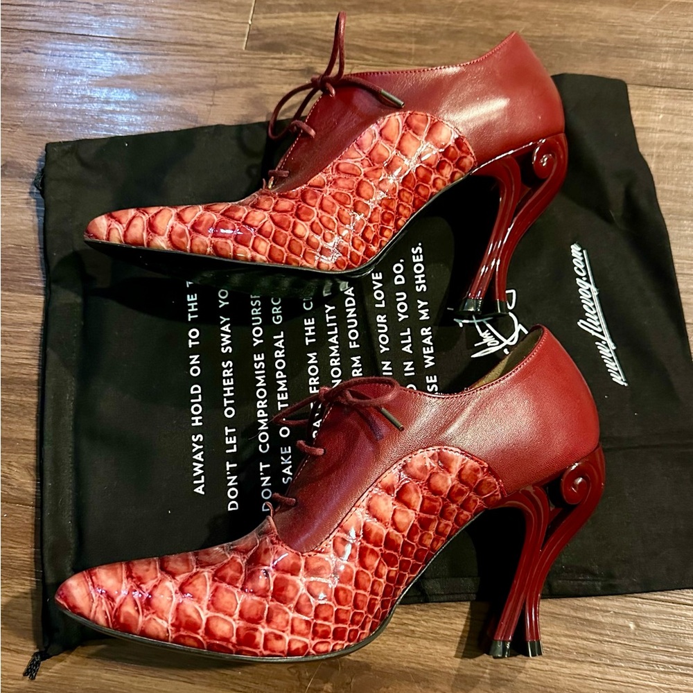 John Fluevog Red Textured Lace-Up Heels - Picture 2 of 5